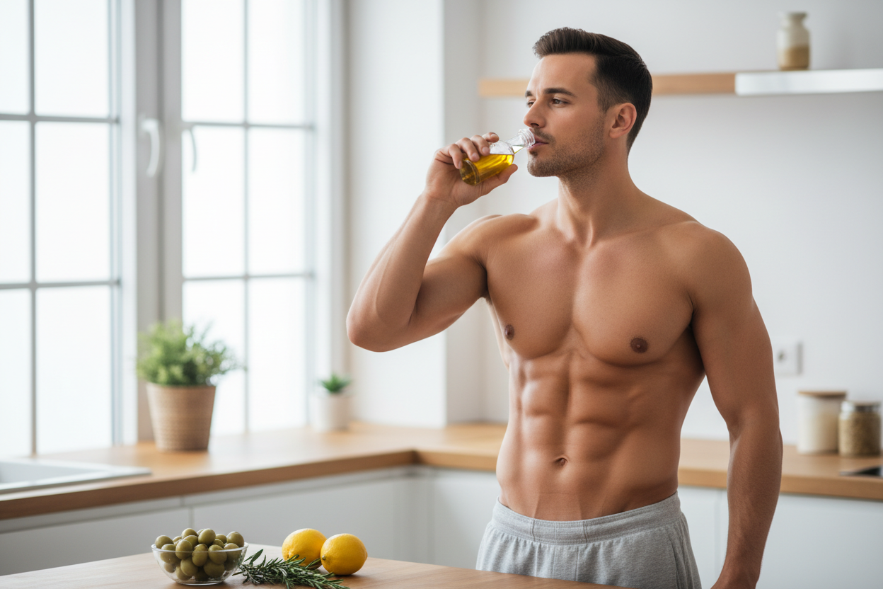 A healthy man, with a refined figure, 6-pack showing, drinking olive oil